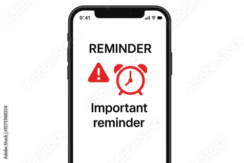 Smartphone notification alert with red alarm clock and warning icon, important reminder message, event date, mobile phone screen, deadline, urgent task, time management concept