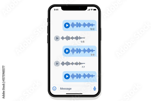 Smartphone with voice messages on screen, audio chat bubbles, modern communication via messenger app, online chat interface, social media, mobile phone UI, digital conversation concept