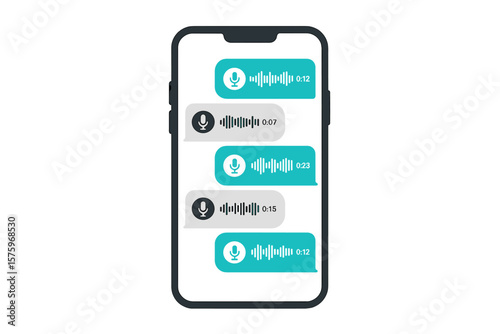 Smartphone with voice and audio messages on screen. Mobile chat interface. Online communication in messenger app. Social media, modern messaging, digital conversation concept.