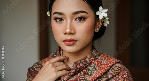 Close-up portrait of a woman, adorned in a patterned shawl and floral adornments