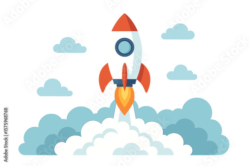Rocket Launch Startup Concept Vector. Cartoon Space Rocket Flying Through Clouds. New Project, Innovation, Creative Idea, Success, Business Growth, Leadership, Flat Illustration
