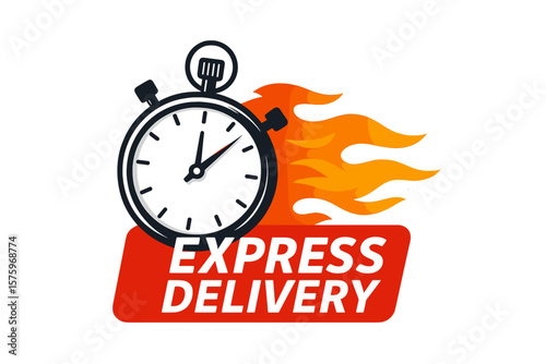 Express Delivery Stopwatch on Fire Icon. Fast Shipping Sticker. Urgent Delivery Timer. Quick Online Service Symbol. Speedy Parcel Logistics. Rapid Transport Emblem