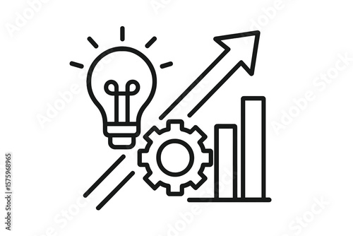 Innovation Growth Concept. Light Bulb Idea, Gear Mechanism, Upward Arrow, Bar Chart. Business Development, Productivity Improvement, Creative Solution, Success Strategy, Process Optimization