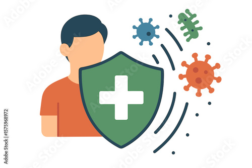 Immune System Defense Concept. Man Protected by Shield with Medical Cross. Virus and Bacteria Attack Prevention. Health Protection, Immunity, Disease Prevention, Flat Vector Illustration