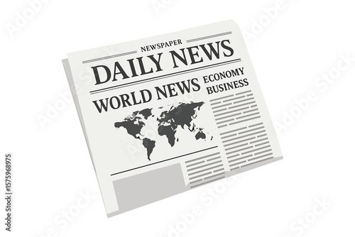 Daily Newspaper Front Page Vector Mockup. Blank Newspaper Template with World Map, Headlines for World News, Economy, Business. Editable Press Layout, Copy Space, Print Media Design