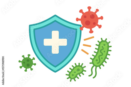 Medical Shield Protection Concept. Immune System Defense, Virus and Bacteria Attack, Health Safety Icon, Blue Shield with Cross, Microorganism Prevention, Disease Control, Flat Vector Illustration