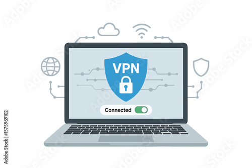 VPN service secure connection on laptop. Virtual private network, cybersecurity, encrypted web traffic, data protection, internet privacy, online security software concept