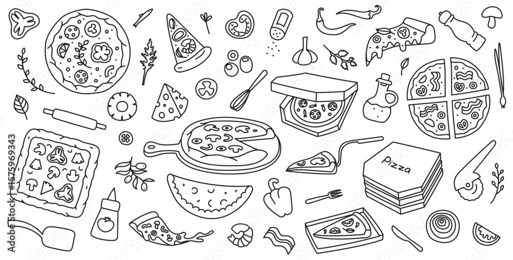 Fototapeta premium Doodle pizza. Hand drawn pizza slices, ingredients and delivery box packaging for pizzeria restaurant menus, recipe books and promotional materials. Isolated vector illustrations set.