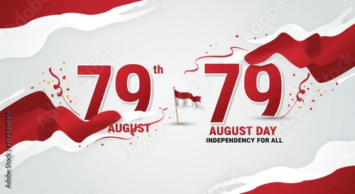 Celebration graphic for Independence Day.  Red and white abstract shapes, numbers 