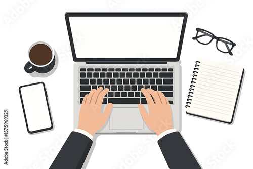 Business workspace top view. Hands typing on laptop keyboard. Office desk with coffee cup, smartphone, notebook, glasses. Remote work, management, IT concept illustration.