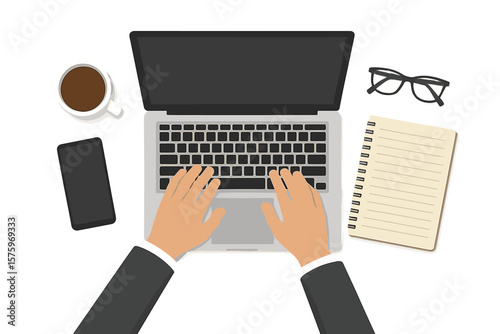 Business workplace top view with hands typing on laptop keyboard, smartphone, coffee cup, notebook, eyeglasses. Office desk workspace concept for management, IT, remote work