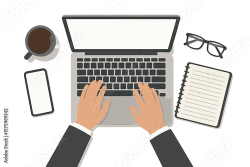 Business workplace desk top view with hands typing on laptop keyboard, coffee mug, smartphone, notebook, eyeglasses. Office workspace for management, IT, remote work, communication