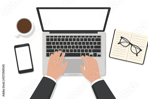 Top view business workplace with hands typing on laptop keyboard, smartphone, coffee cup, open notebook, eyeglasses. Office desk workspace for business, management, IT concept