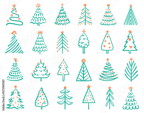 Hand drawn christmas tree. Festive winter holiday tree doodles with decorative stars and ribbon bows. Abstract Xmas ornament, minimalist isolated vector illustrations set.