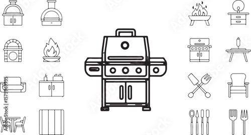 Collection of outdoor cooking and dining icons including grills fire pits tables chairs and utensils for summer backyard gatherings and events