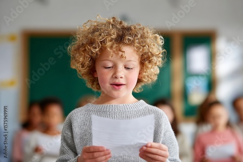 Curly-haired caucasian child reading aloud in classroom setting