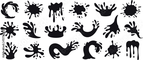 Water splash shapes with droplets. Ink splatter silhouette, paint spill, flowing fluid and liquid blots. Dynamic burst splashes hand drawn isolated vector set.
