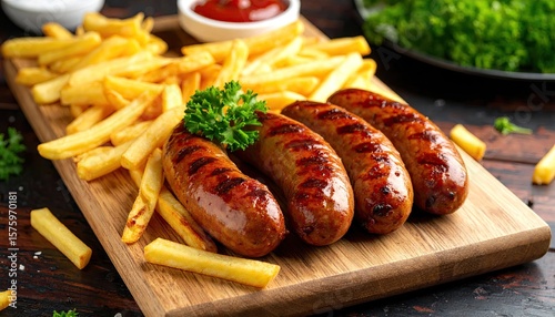 Grilled sausages and fries on a wooden board (1)