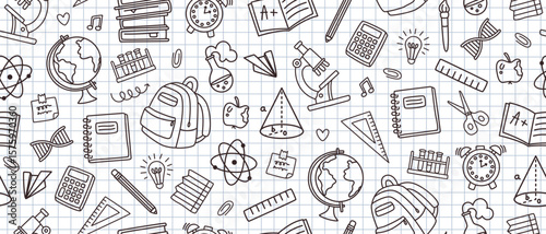 School notebook doodles pattern. Back to school background with notebooks, backpack and globe. Seamless hand drawn educational doodle for classroom decoration vector illustration.