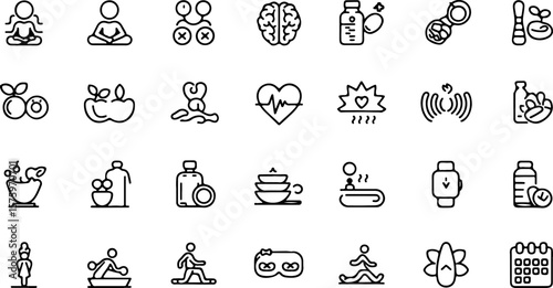 Collection of modern line art icons representing health wellness fitness and self care activities including meditation yoga and healthy eating