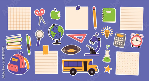 Back to school stickers. Doodle paper note, notebook, school bus, microscope and globe, scissors and star sticker, pen and pencil. Educational elements for student or classroom decor vector set.
