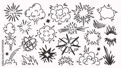 Doodle comic boom effect. Cartoon explosion clouds, hand drawn burst and sketch energy blast explosions. Comics style bang, fire and smoke visual impacts isolated vector set.