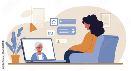 Woman making a video call with an elderly woman on a laptop while sitting in a blue chair at home