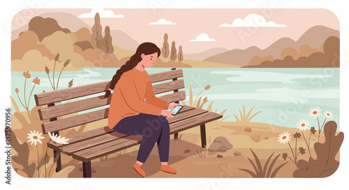 A woman sits on a bench by a lake holding a phone with mountains and trees in the background scenery view