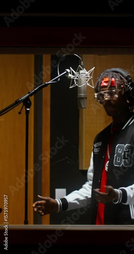 The rapper is recording a song in a recording studio. View through the window from the operator's side