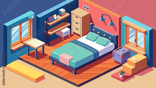 41 Isometric Hostel Room With Open Suitcase On B