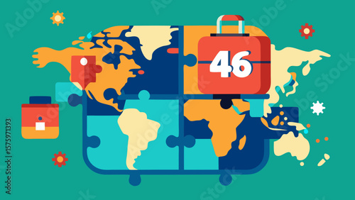 46 World Map Puzzle Pieces With Suitcase In Cent