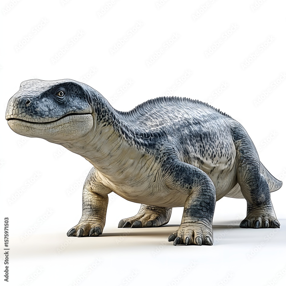 Obraz premium Captivating dinosaur-like creature, meticulously detailed in shades of gray and cream, isolated for versatile design applications. Mythical creature isolated on a white background