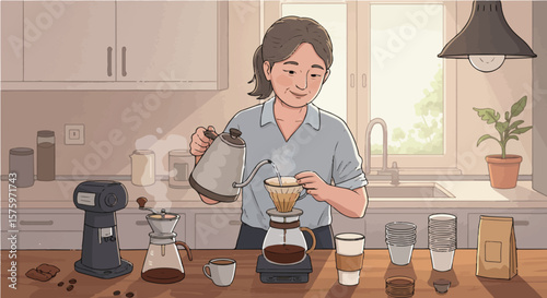 Woman pouring hot water from kettle into pour over coffee maker in a bright kitchen setting indoors