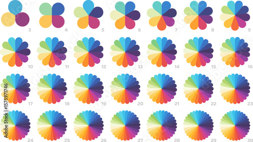 Infographic segmented flower pie graphs. Petal color wheels, multicolored circular segment diagram and divided radial chart for infographics, data visualization and business presentation vector set.