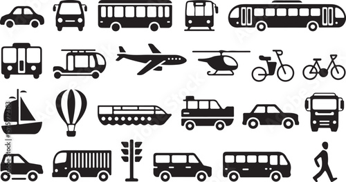 Collection of black silhouette icons representing various modes of transportation including cars buses airplanes helicopters bicycles boats hot air balloons trucks and a pedestrian