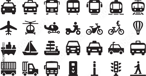 Collection of black transportation icons including cars buses trains airplanes helicopters boats motorcycles bicycles hot air balloons trucks traffic lights and pedestrians on a white background