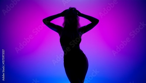 Silhouette of woman against neon gradient background with sensual pose and vibrant lighting