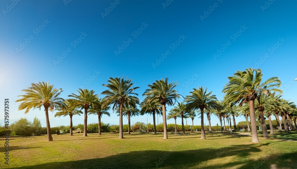 Fototapeta premium lush row of palm trees against a clear blue sky evoking a tropical paradise feel with vibrant green foliage and warm sunlight illuminating the scene