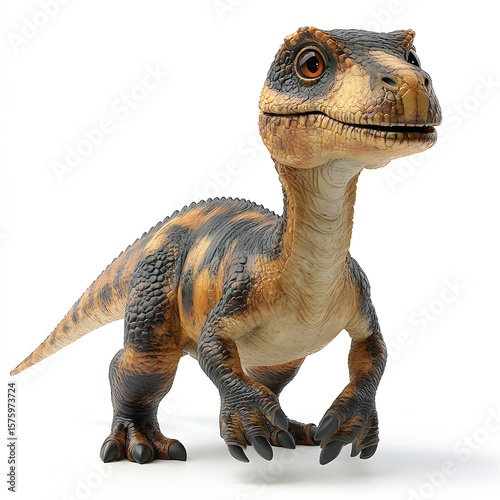 A toy dinosaur with brown and black mottled skin and amber eyes stands on a white surface, claws visible. A captivating image, perfect for educational or playful themes. 