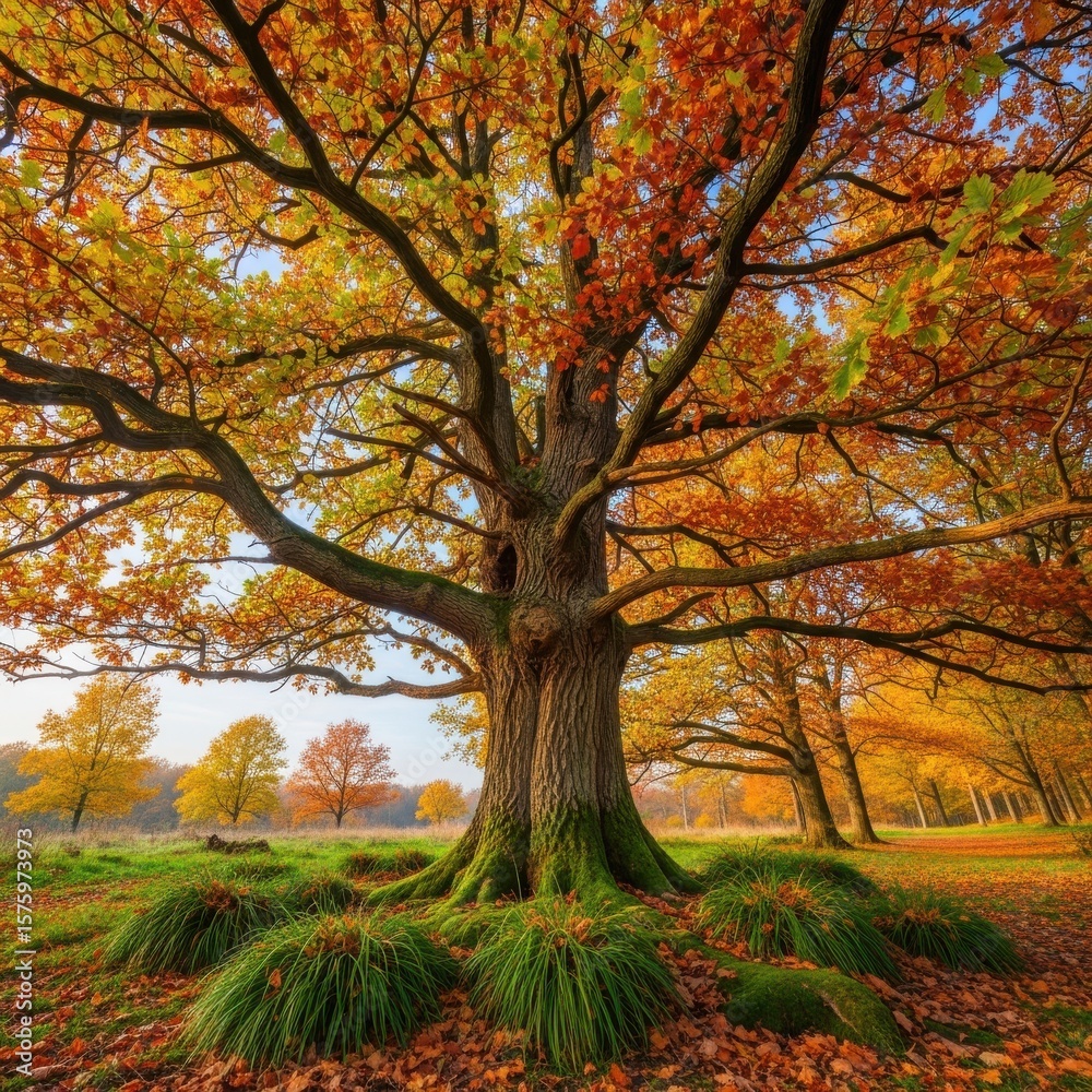 Fototapeta premium Majestic ancient oak tree with vibrant orange and yellow autumn foliage in a forest clearing