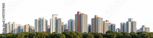 Modern urban skyline featuring tall residential buildings surrounded by lush greenery, showcasing blend of nature and architecture