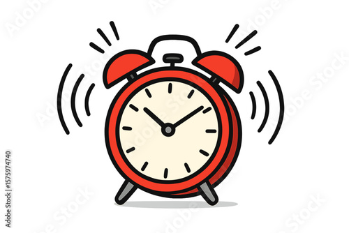 Red alarm clock ringing loud. Wake up call signal in the morning. Time management, deadline and schedule concept. Retro mechanical clock with bell icon vector illustration.