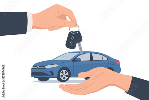 Car rental and sale concept. Auto business deal. Hand giving car keys to another hand. Selling, leasing, test drive, car sharing or renting car service illustration.
