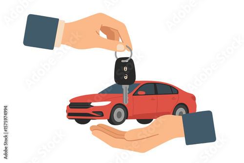 Car rental or sale concept. Car sharing service. Hand giving car keys to another hand. Selling, leasing, test drive or renting car service. Modern flat vector deal success.