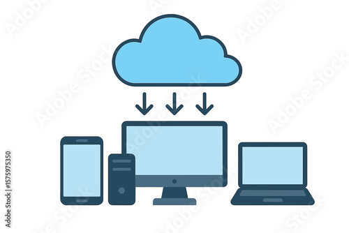 Cloud computing technology concept. Cloud storage service for data sharing, synchronization and management across devices like smartphone, tablet, computer and laptop. Hosting.