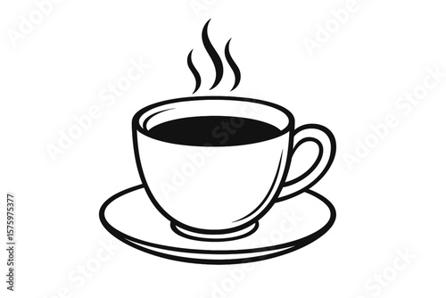 Coffee cup icon vector illustration. Hot drink, steaming mug with saucer. Cafe restaurant menu logo symbol. Espresso, tea, hot beverage. Morning breakfast caffeine concept.
