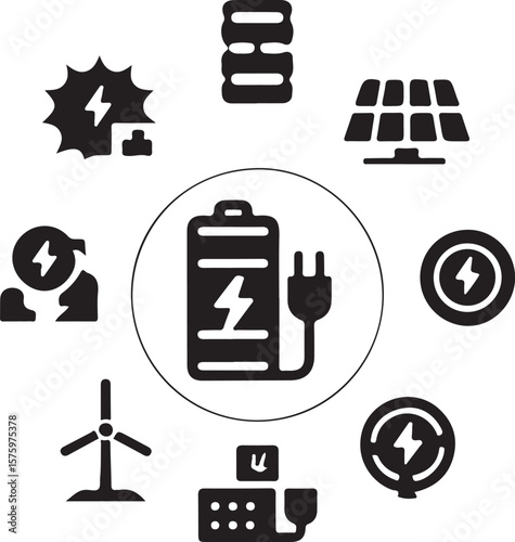 Collection of black and white icons representing renewable energy sources and storage solutions including solar panels wind turbines batteries and power plugs