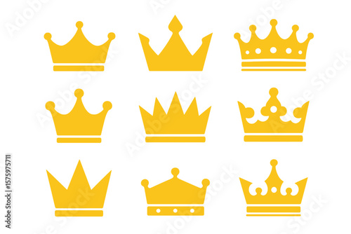 Gold crown vector icon set. Royal king and queen symbols. Flat design heraldic emblems for luxury, VIP, and premium branding. Royalty logo element collection illustration.