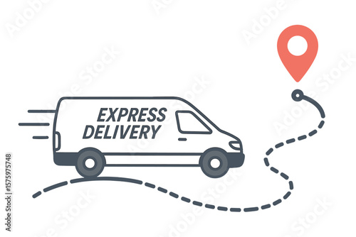 Express delivery service concept with a cargo van. Fast shipping truck follows a route to a destination map pin. Logistics and transportation vector icon for online order tracking.