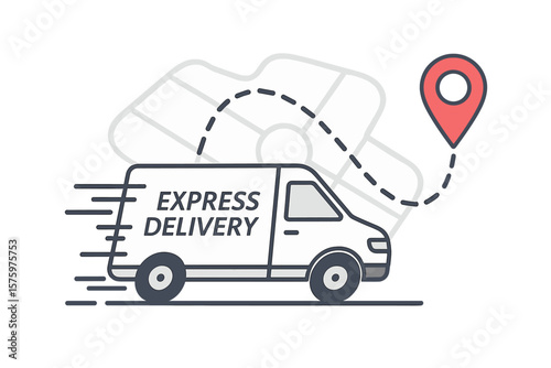 Fast delivery truck with map location and route path concept. Cargo van moving fast. Express delivery service icon. Van and destination point. Point navigation shipping.